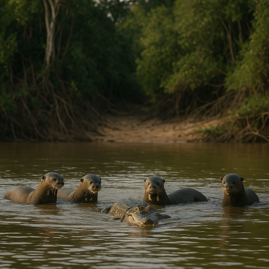 Loutre géante chassant un caïman