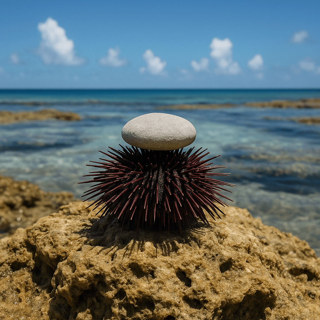 Oursin portant un chapeau de cailloux pour se protéger du soleil