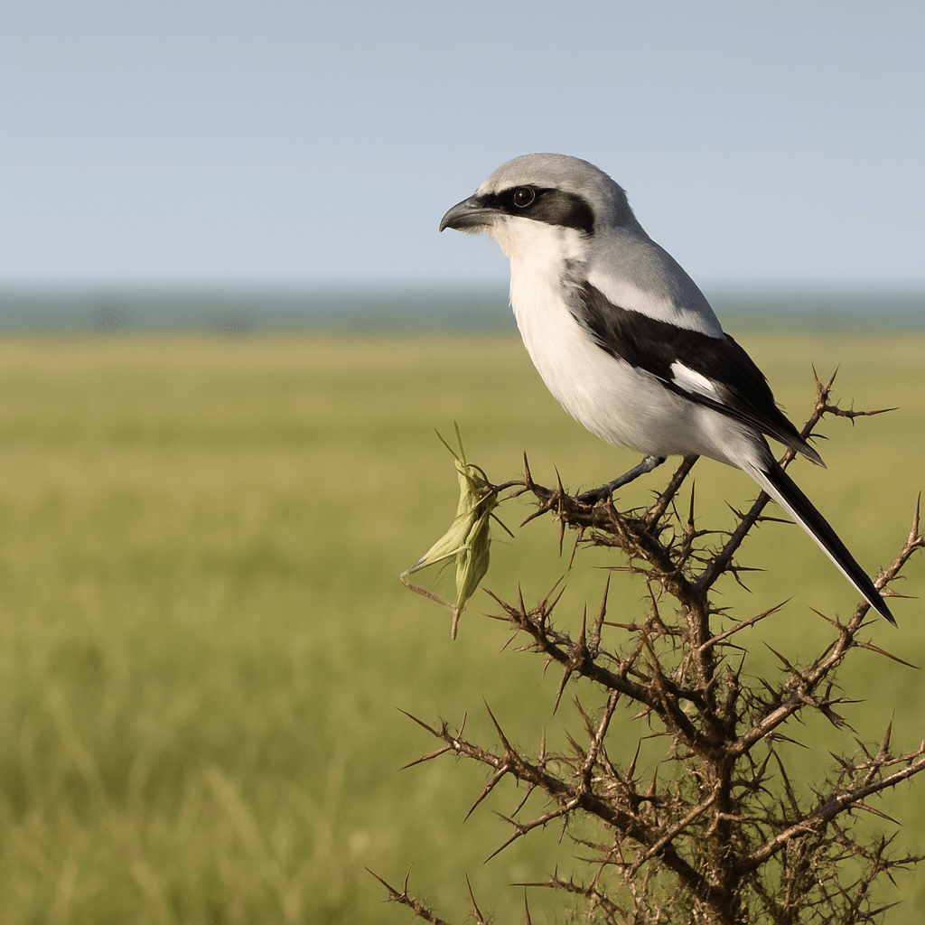 Pie-grièche empalant une sauterelle sur une épine