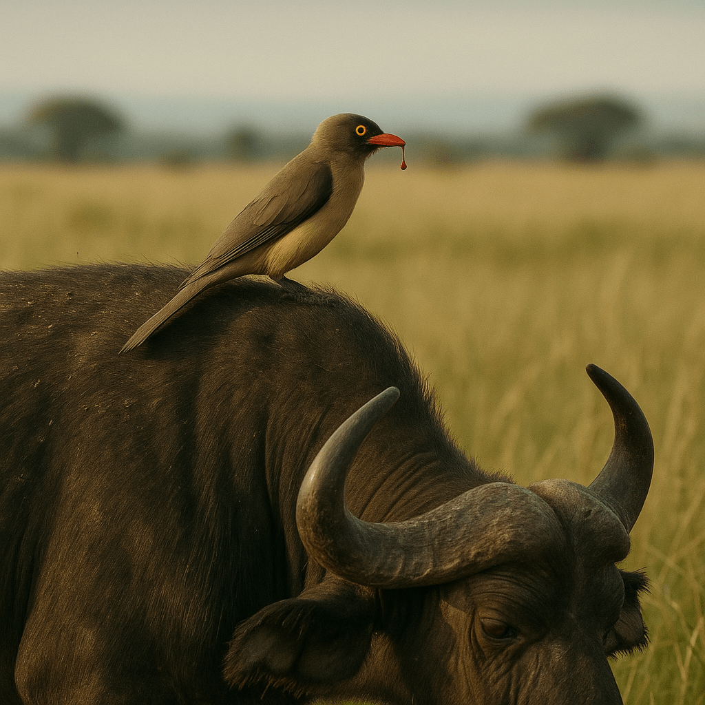 Pique-bœuf perché sur le dos d'un buffle