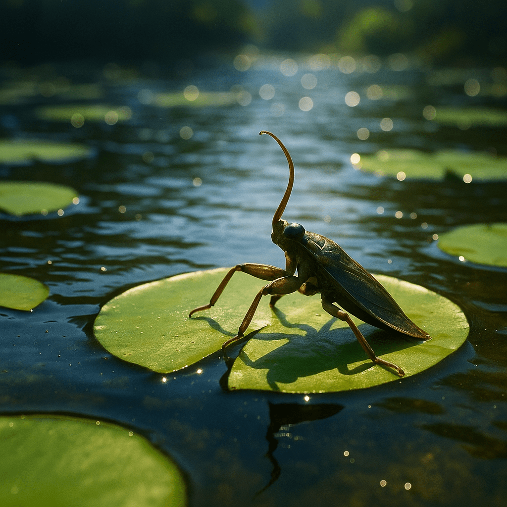 Gros plan sur une punaise d'eau géante flottant à la surface