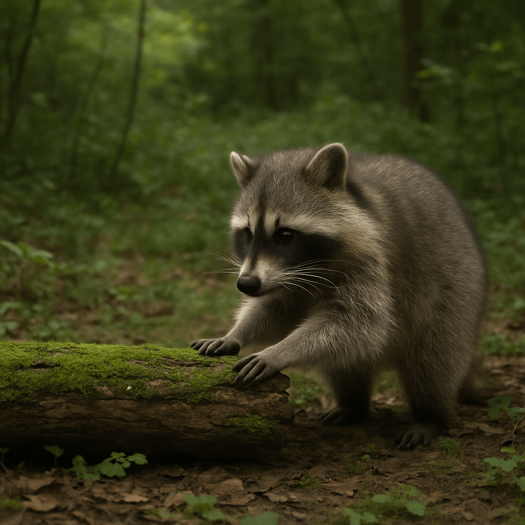 Raton laveur explorant son environnement avec ses pattes avant