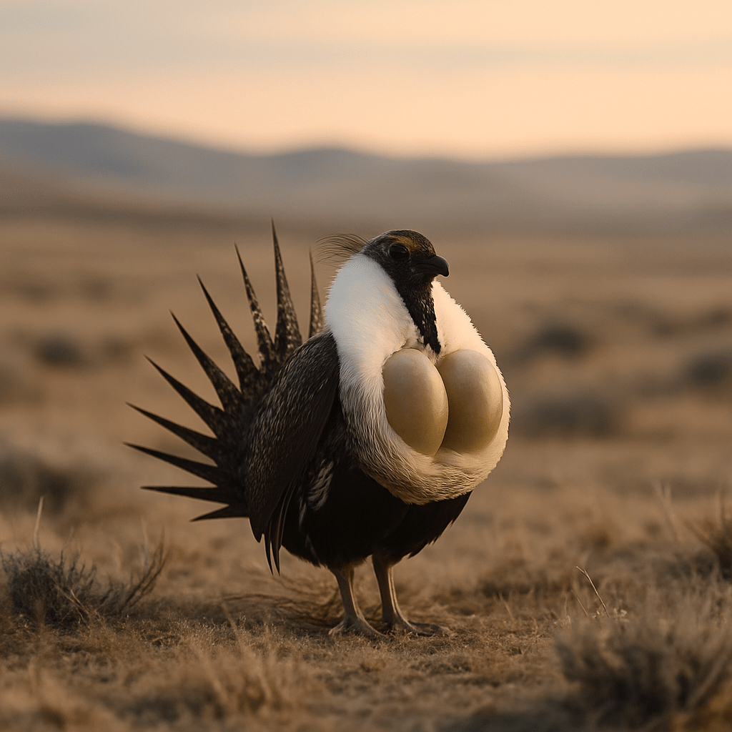 Tétras des armoises présentant ses sacs vocaux gonflables