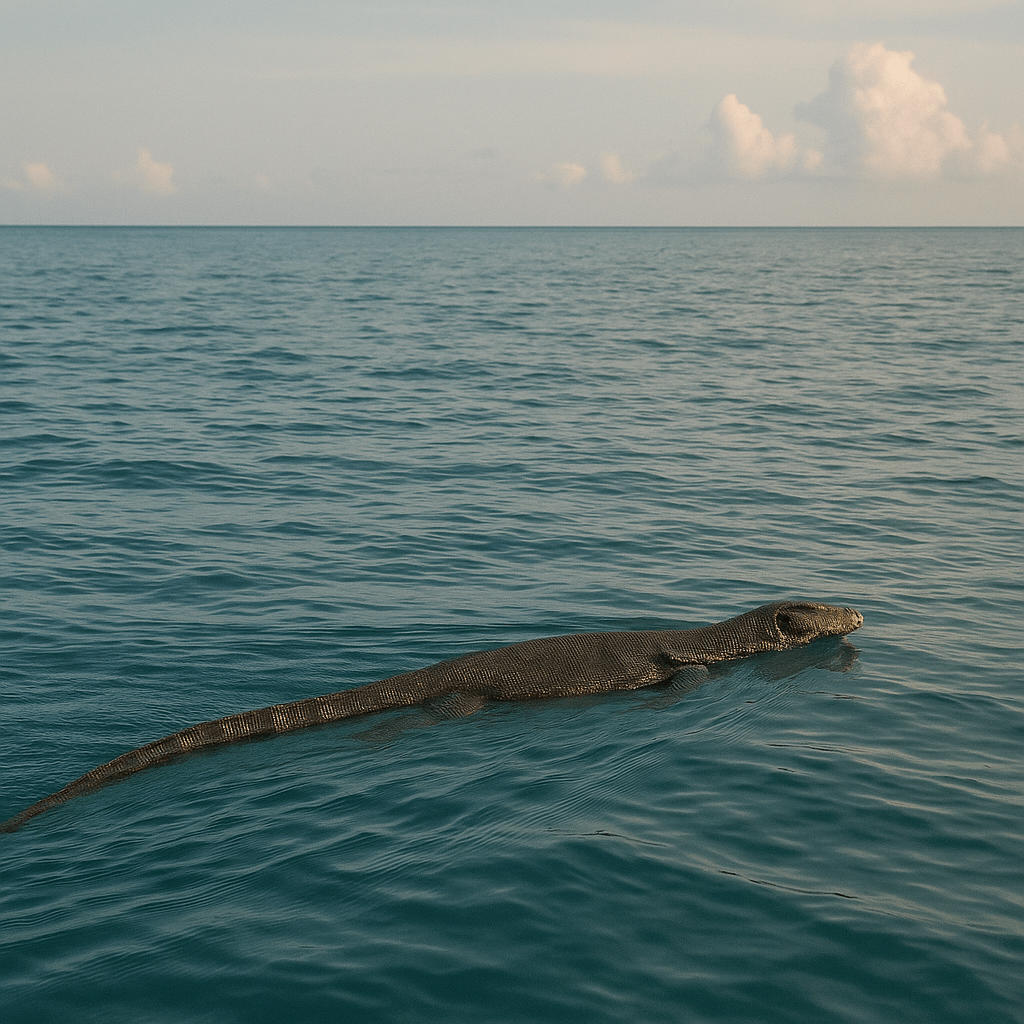 Varan malais nageant en mer