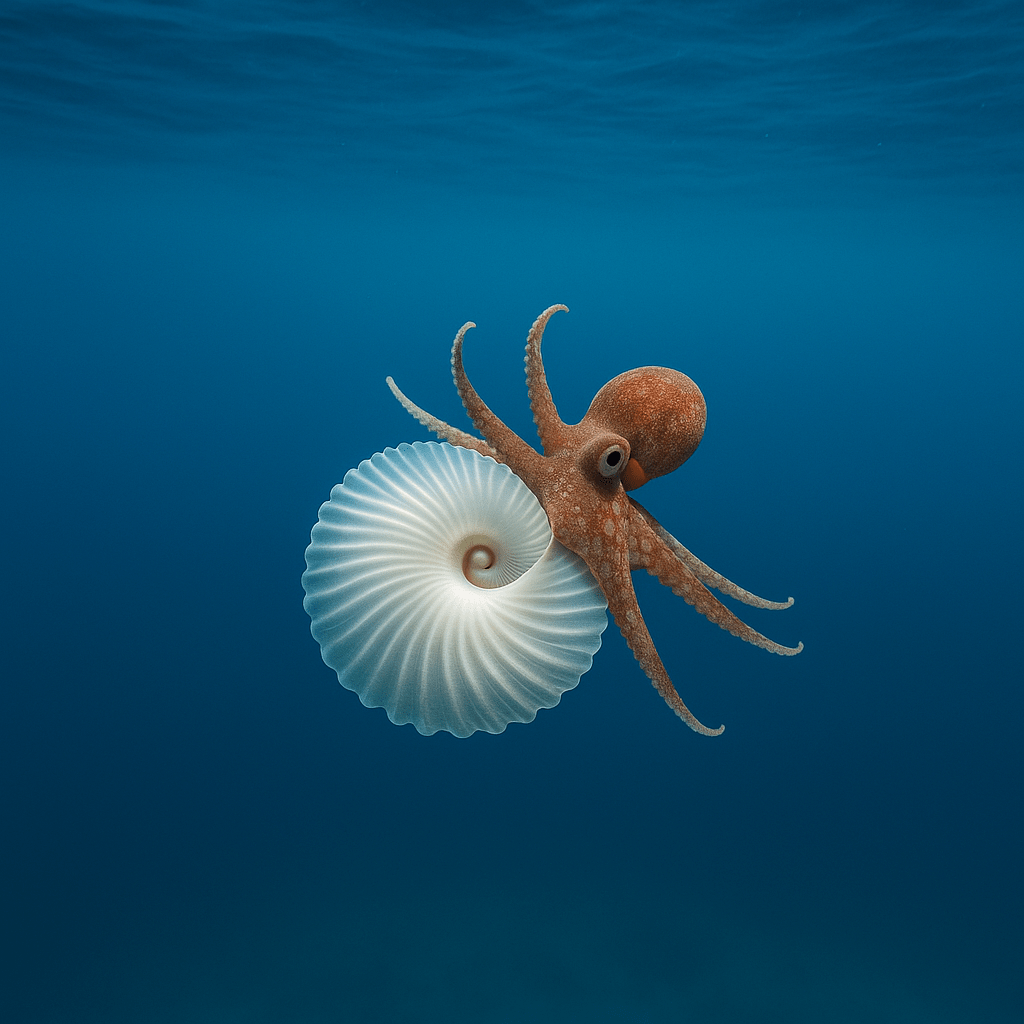 Pieuvre argonaute fabriquant sa coquille