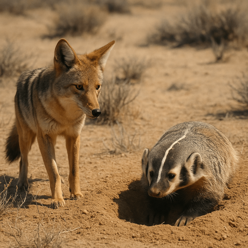 Coyote et blaireau chassant ensemble