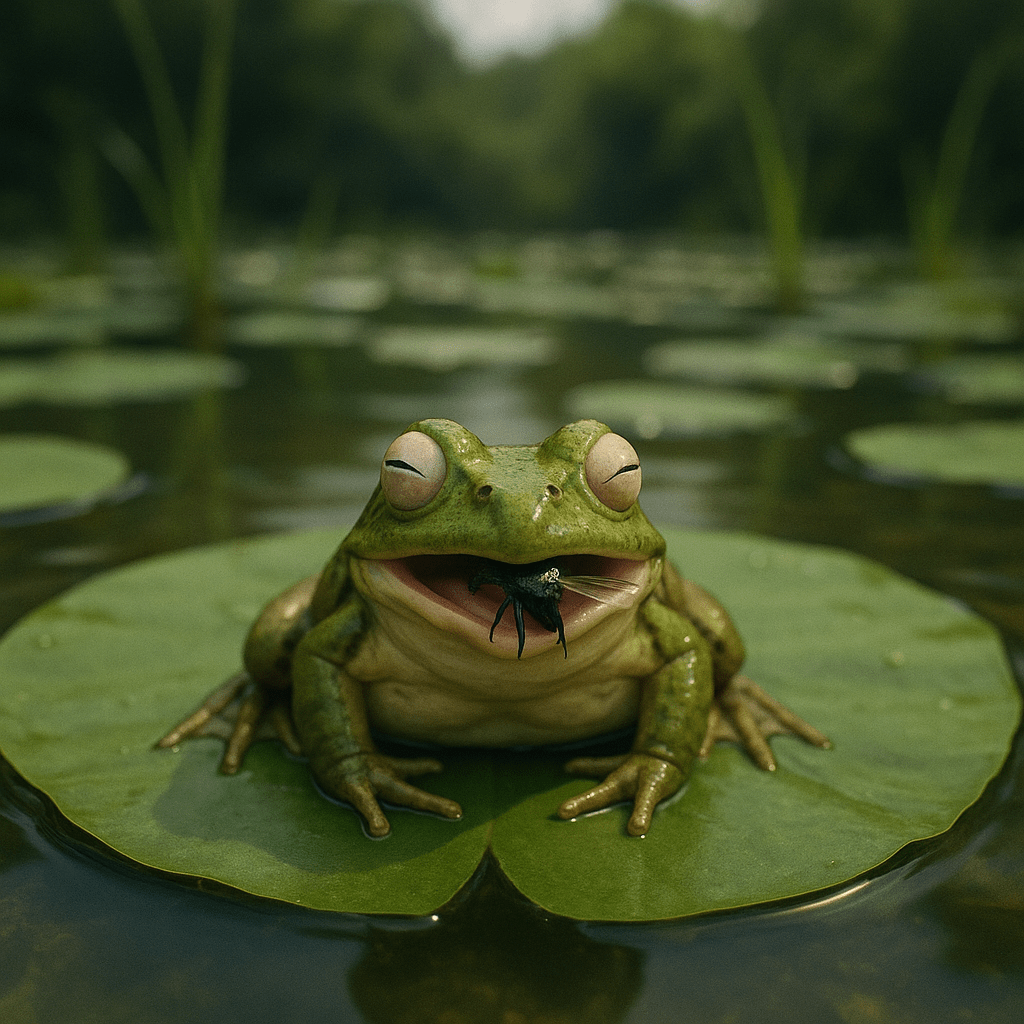 Grenouille avalant sa proie grâce à l’enfoncement de ses yeux