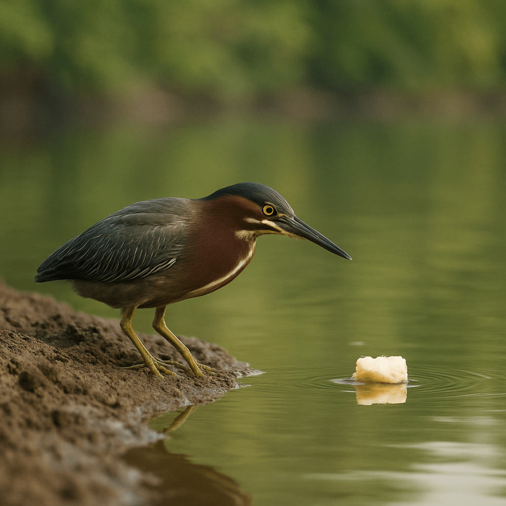 Héron vert pêchant avec du pain