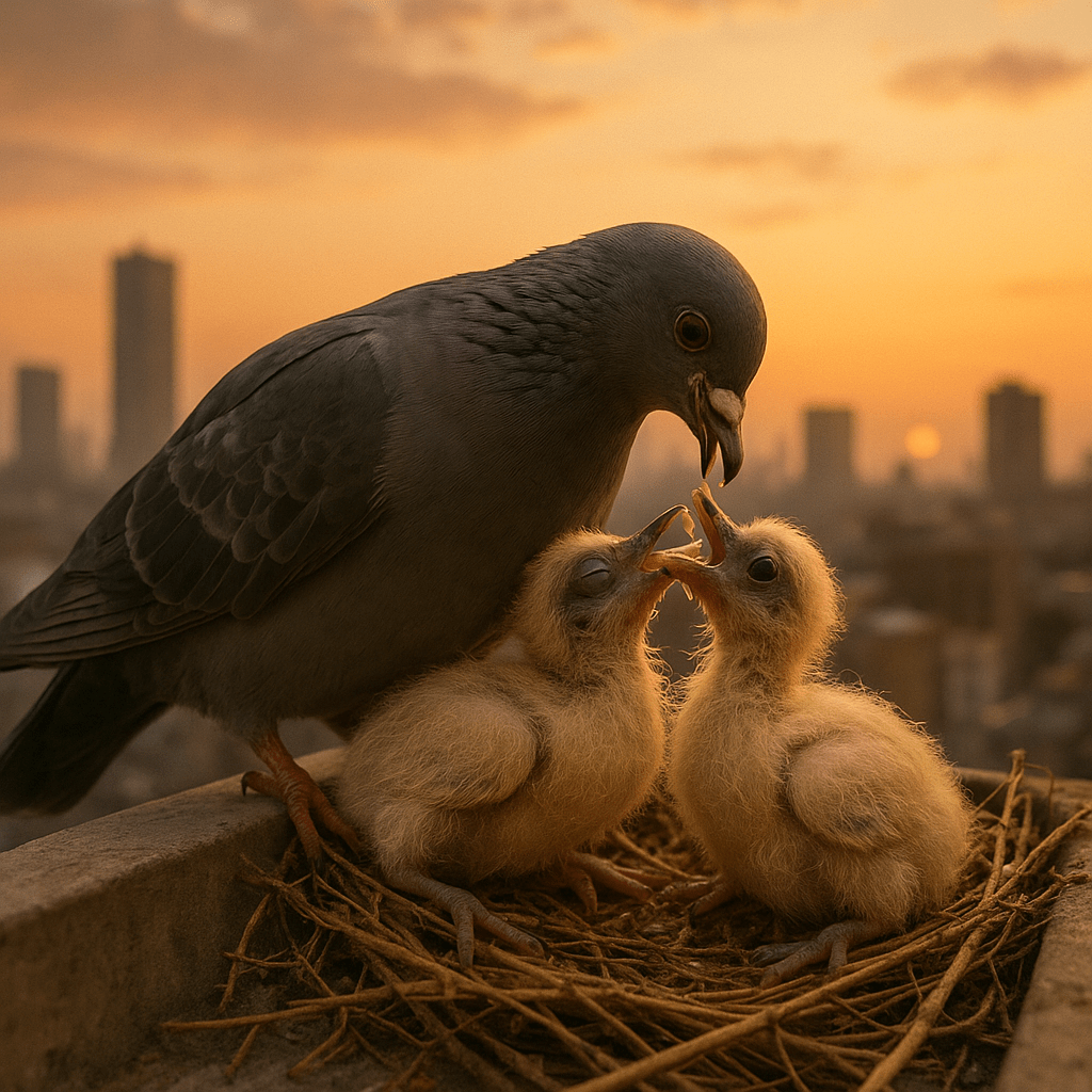Pigeon nourrissant ses petits avec du lait de jabot