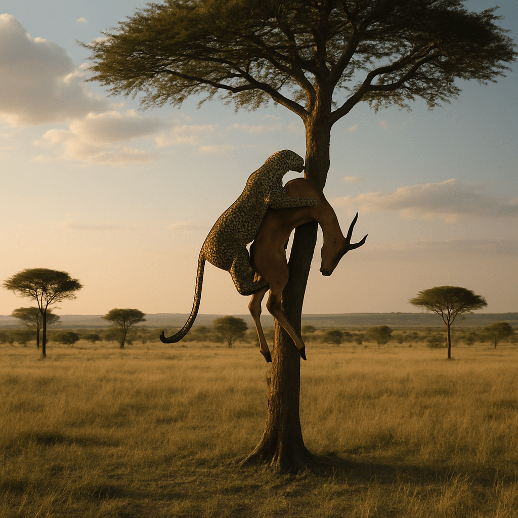 Léopard portant une grosse proie dans un arbre