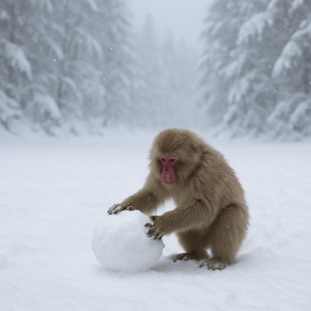 Macaque japonais jouant avec des boules de neige