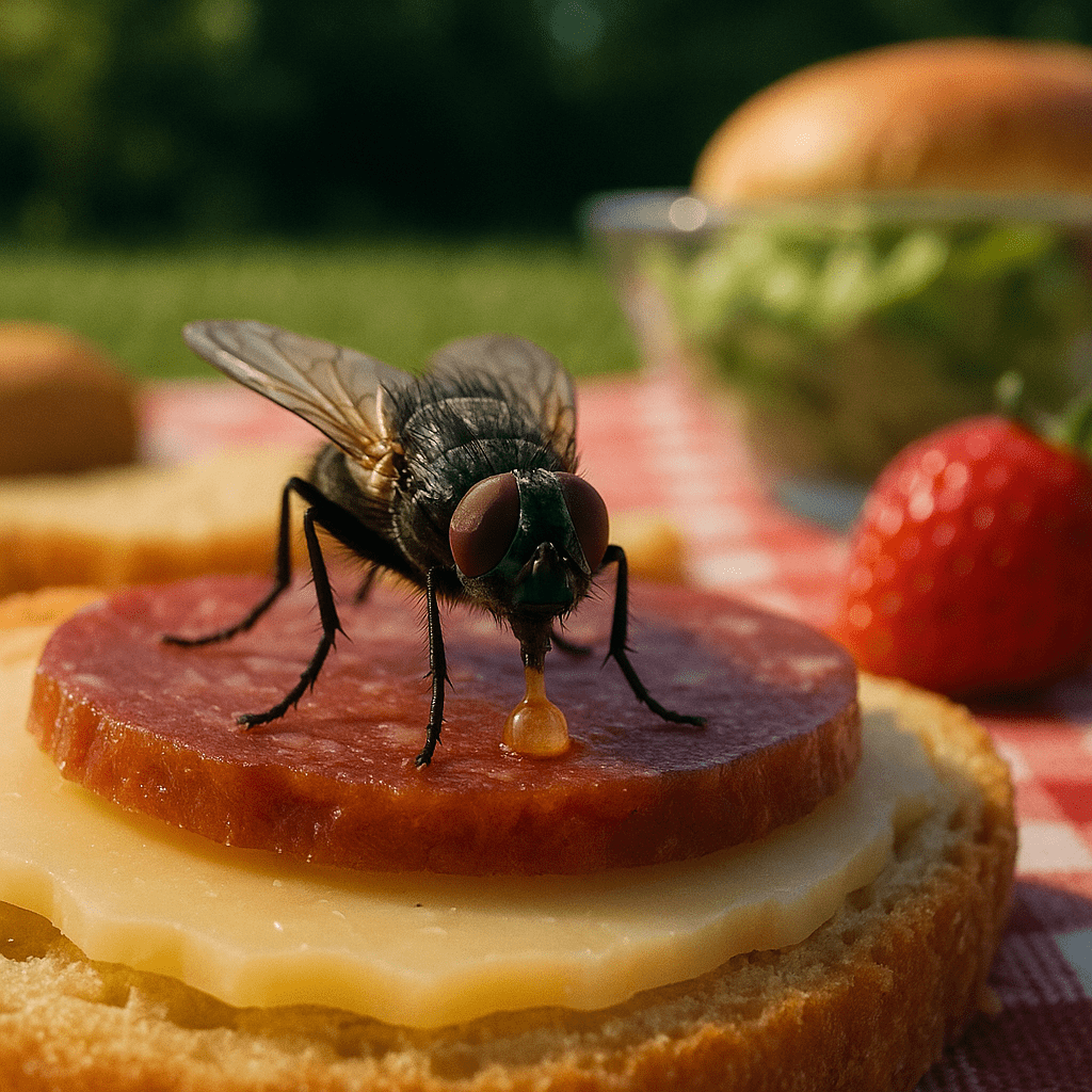Mouche vomissant sur de la nourriture