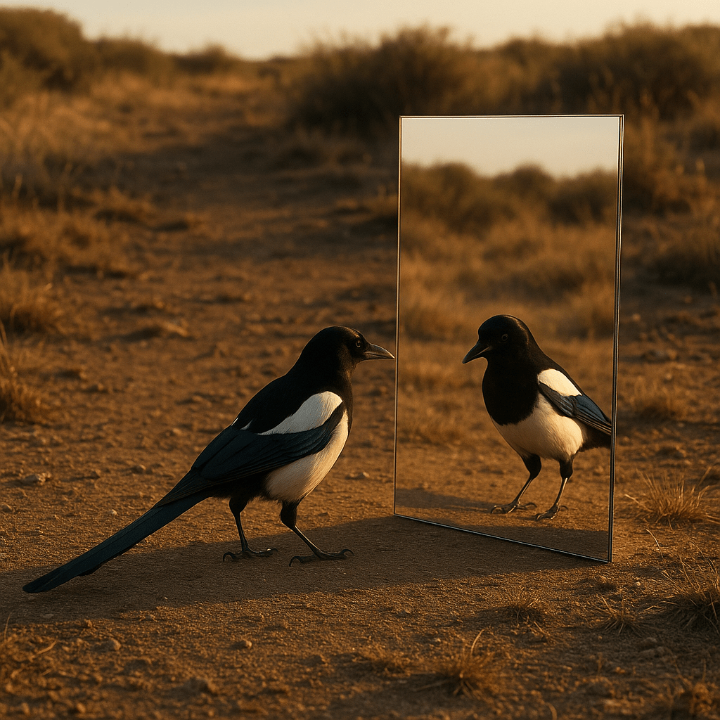 Pie bavarde se regardant dans un miroir