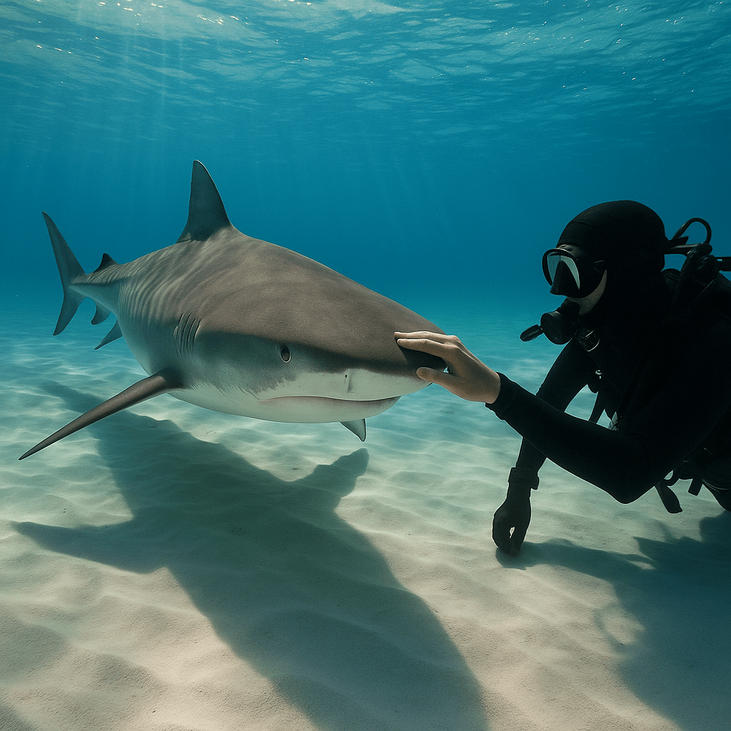 Une main caressant la tête d'un requin
