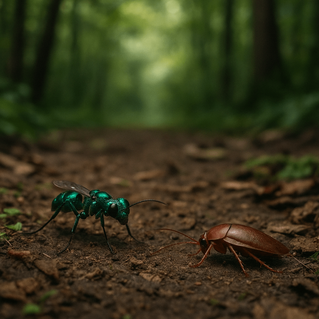 Guêpe émeraude parasitant une blatte