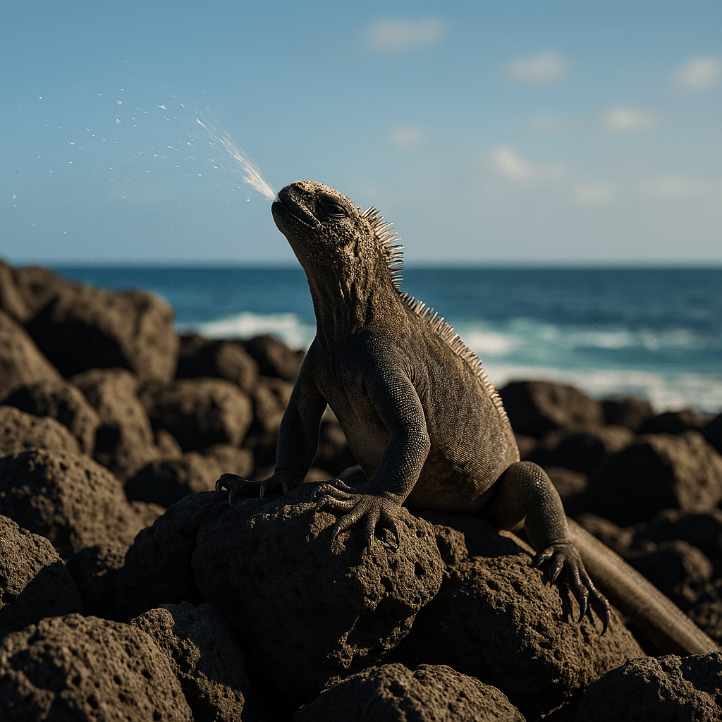 Iguane marin éternuant du sel