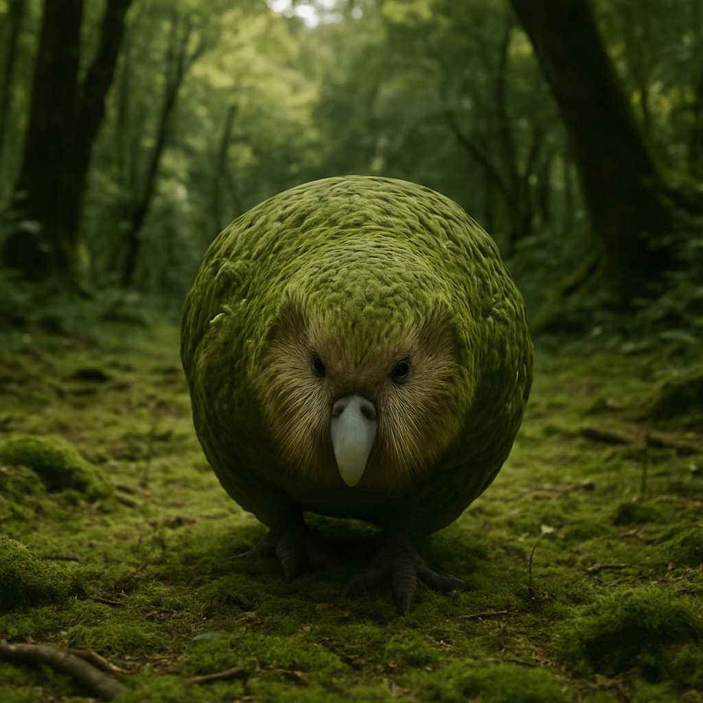 Kakapo perché sur une branche dans son habitat forestier