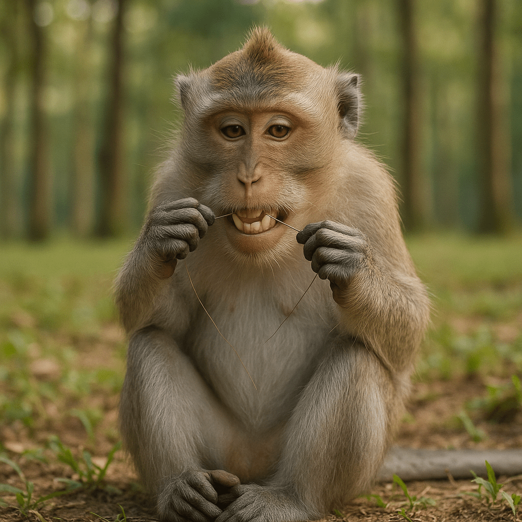 Macaque crabier utilisant des cheveux comme fil dentaire