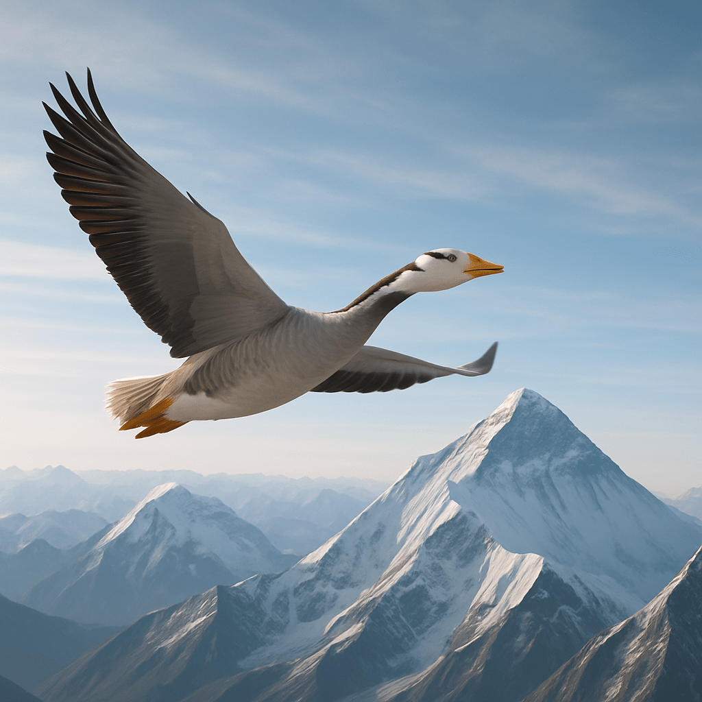 Oie à tête barrée en plein vol au-dessus de l'Everest