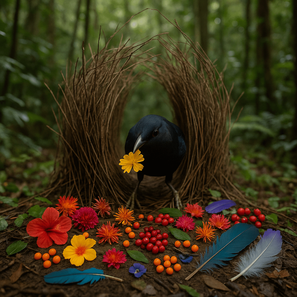 Oiseau jardinier présentant son nid décoré