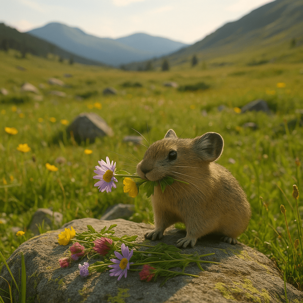 Pika en train de sécher des bouquets de fleurs