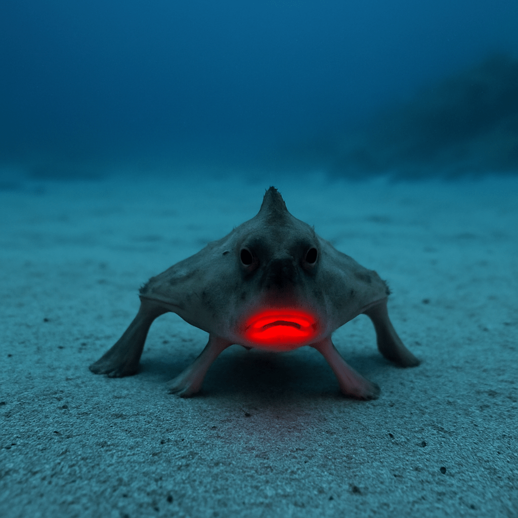 Poisson chauve-souris se déplaçant sur le fond marin avec des teintes rouges autour de la bouche