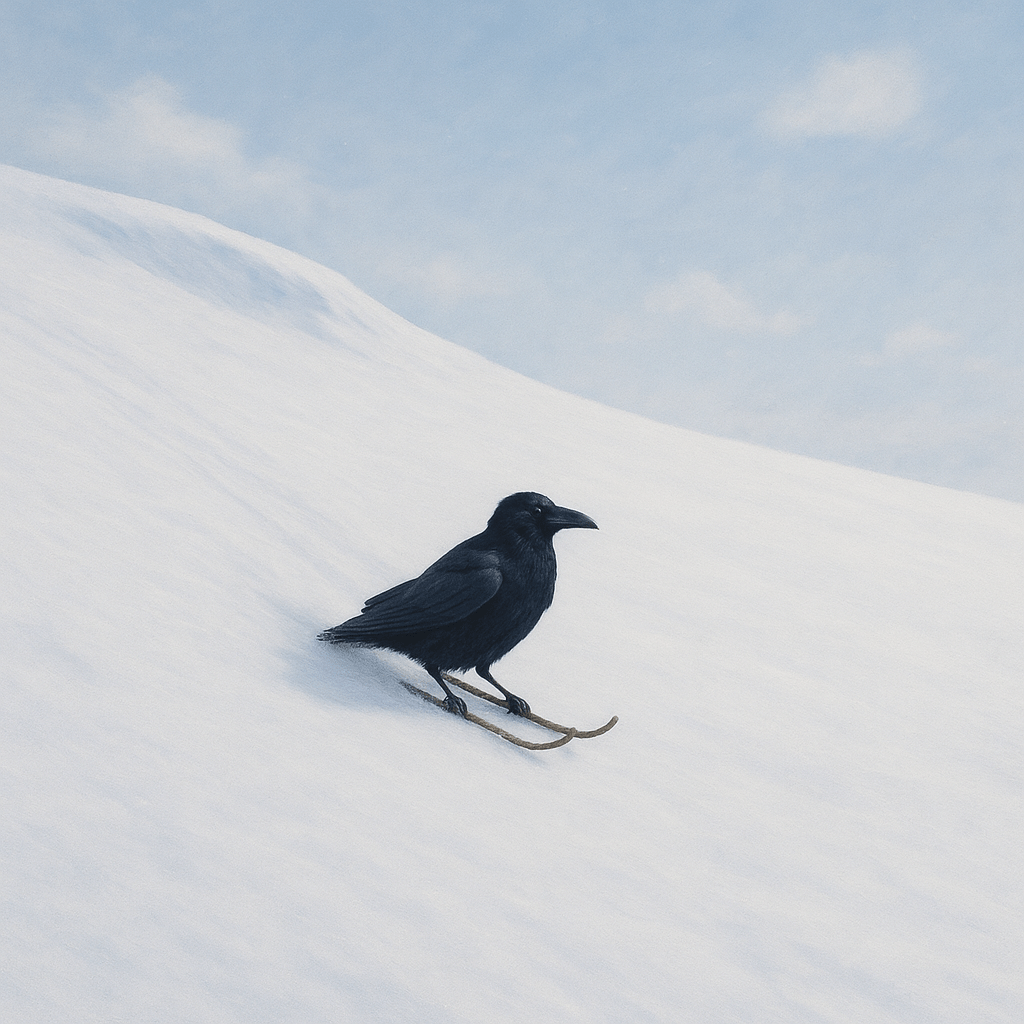 Grand corbeau glissant sur une luge dans la neige