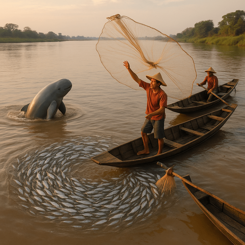 Dauphin de l'Irrawaddy pêchant avec un pêcheur