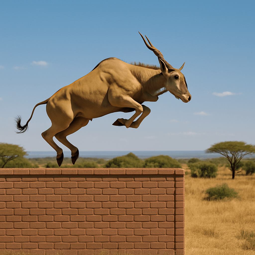 Éland du Cap sautant un mur