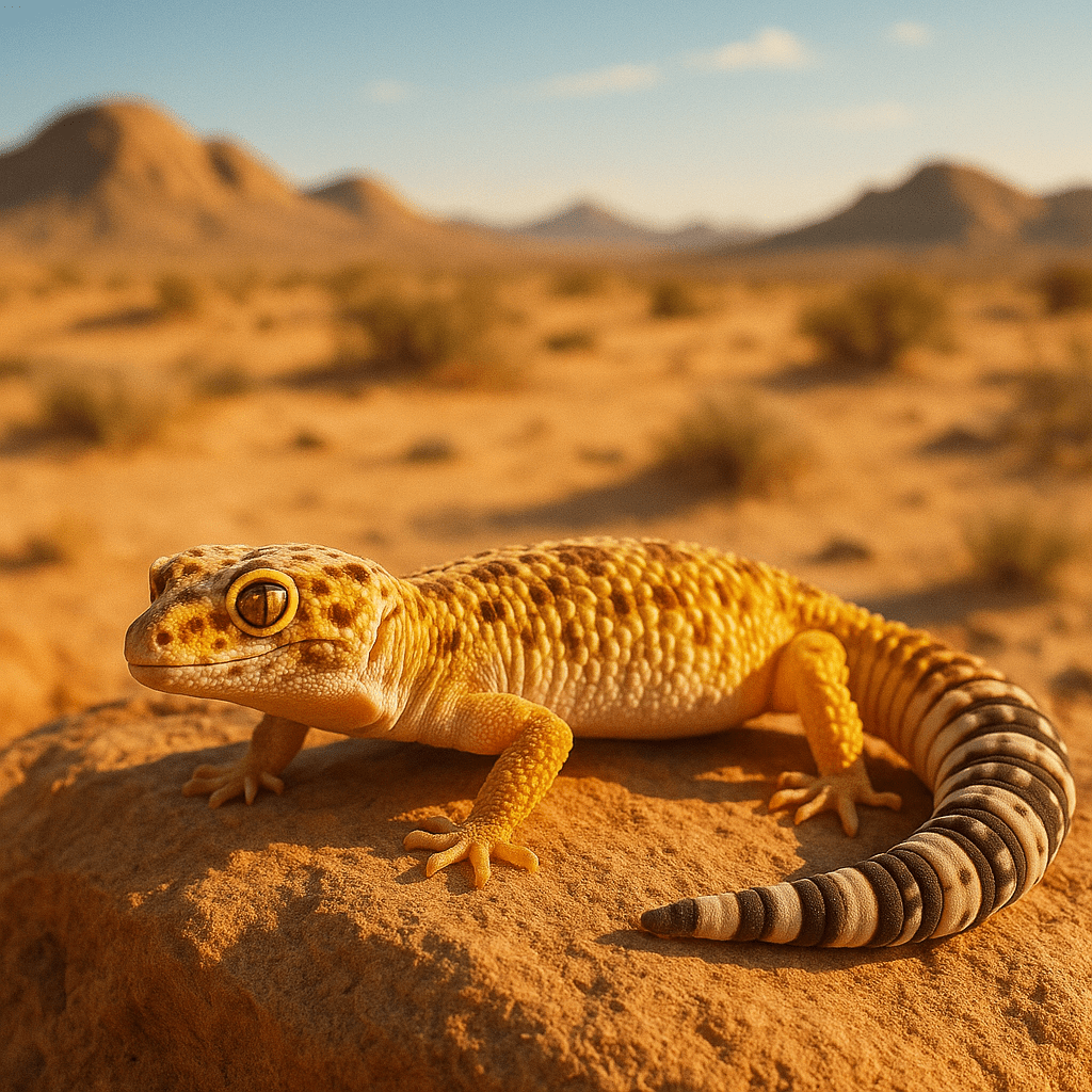 Gecko léopard étendu sur un rocher désertique