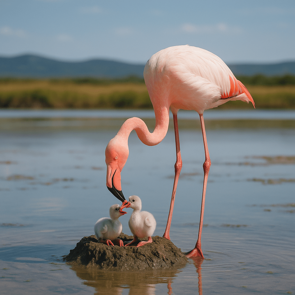Flamant rose nourrissant ses petits