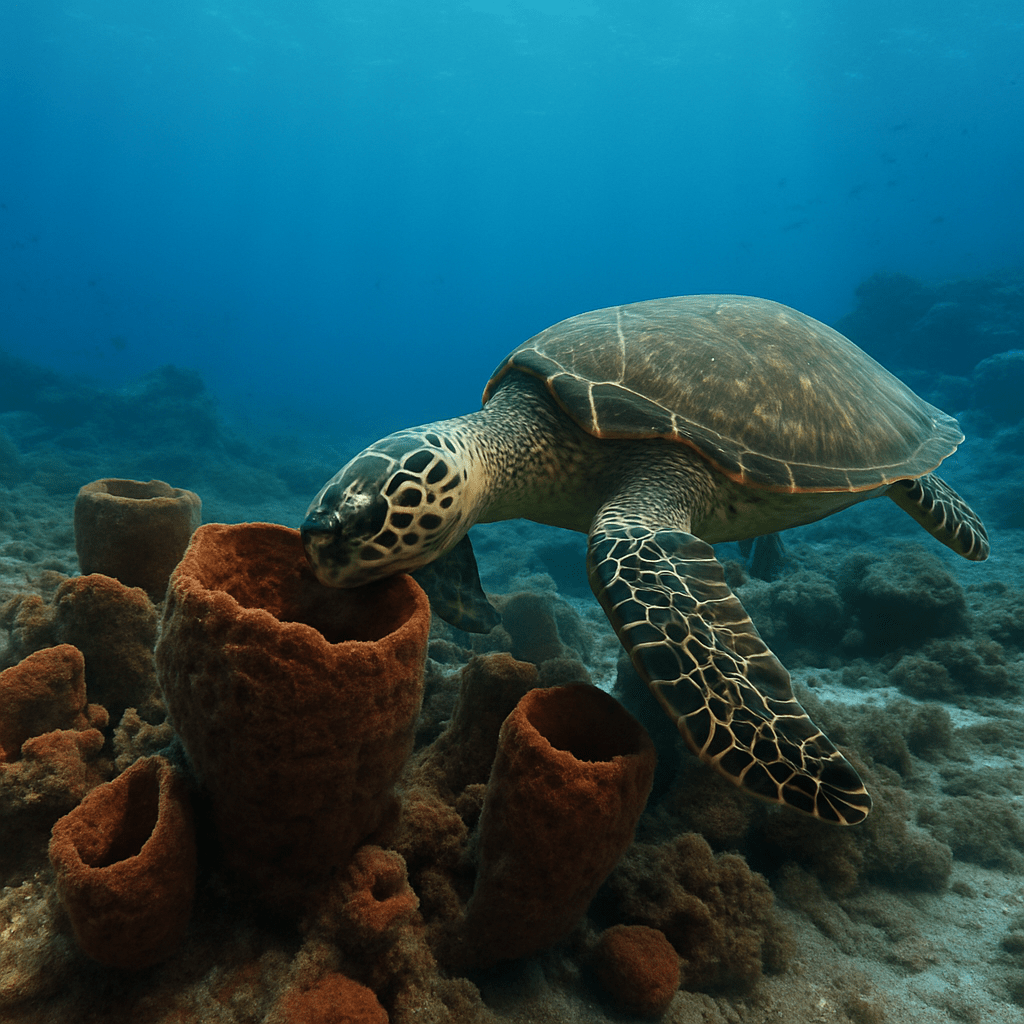 Tortue imbriquée mangeant une éponge