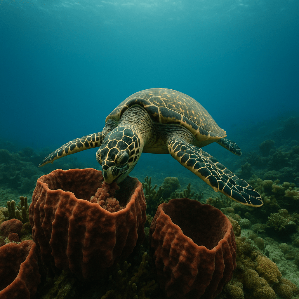 Tortue imbriquée consommant une éponge toxique