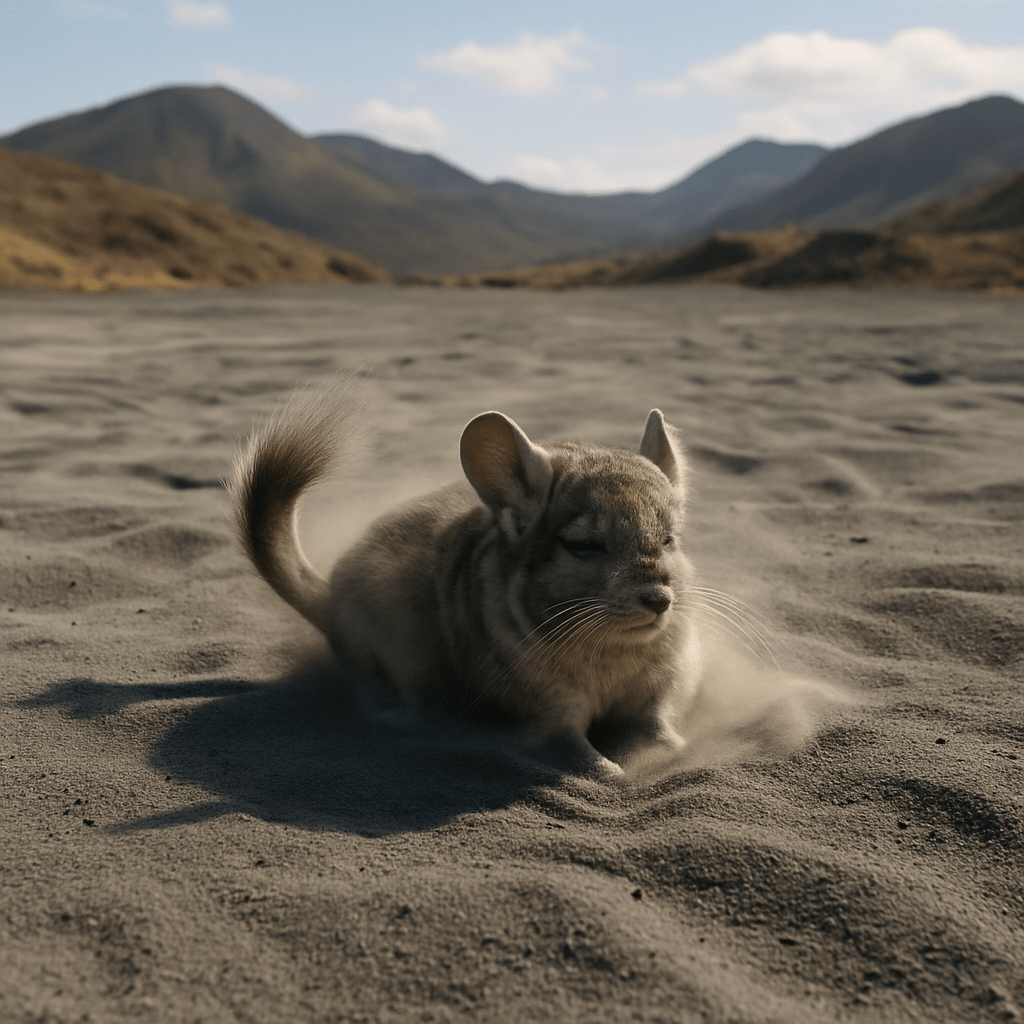 Chinchilla se nettoyant dans la poussière volcanique