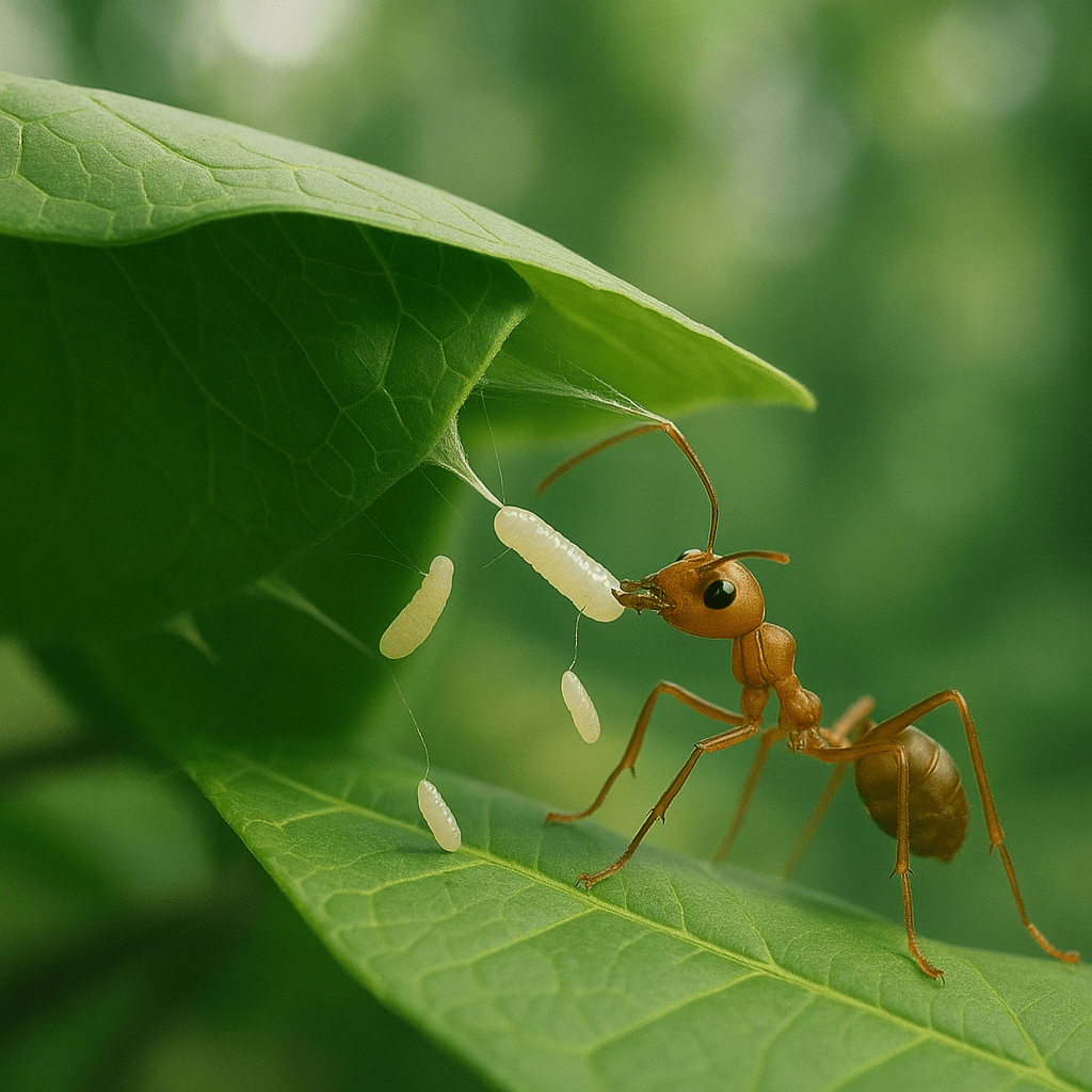 Une fourmi tisserande coud des feuilles pour son nid